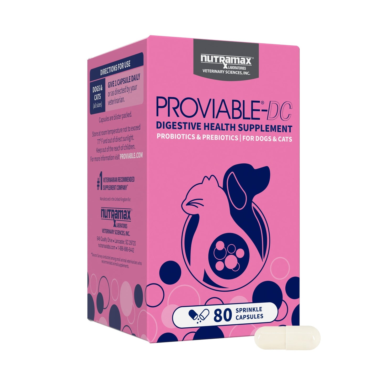 Nutramax Proviable-DC Digestive Health Supplement - Probiotics for Dogs & Cats - 80 capsules - Dog Supplements &