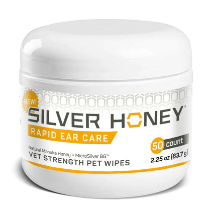 Silver honey pet wipes come in a 50 ct jar and are made with natural ingredients like manuka honey and microsilver bg.