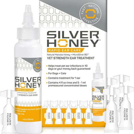 Silver Honey Rapid Ear Care Treatment is a vet strength ear solution with manuka honey and microsilver bg.