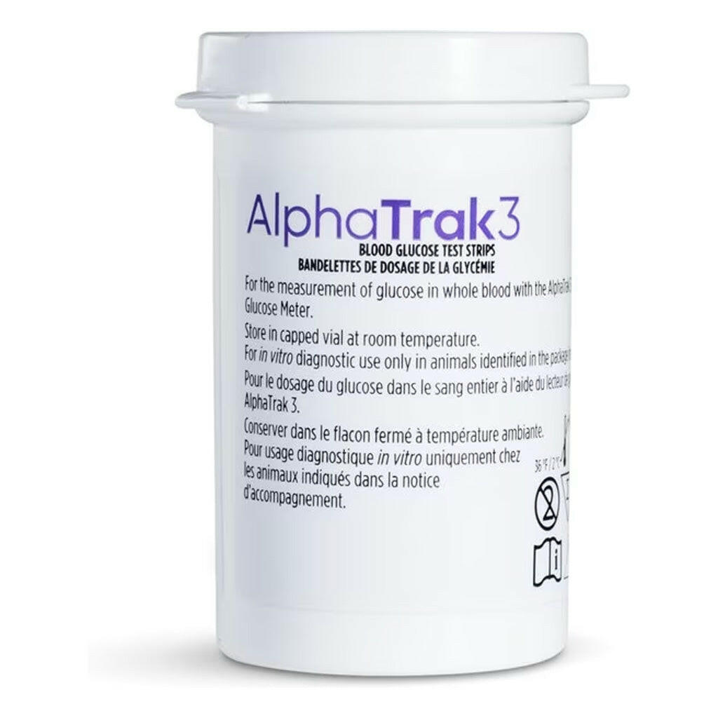Back label of AlphaTrak 3 Blood Glucose Test Strips for Dogs, Cats & Horses