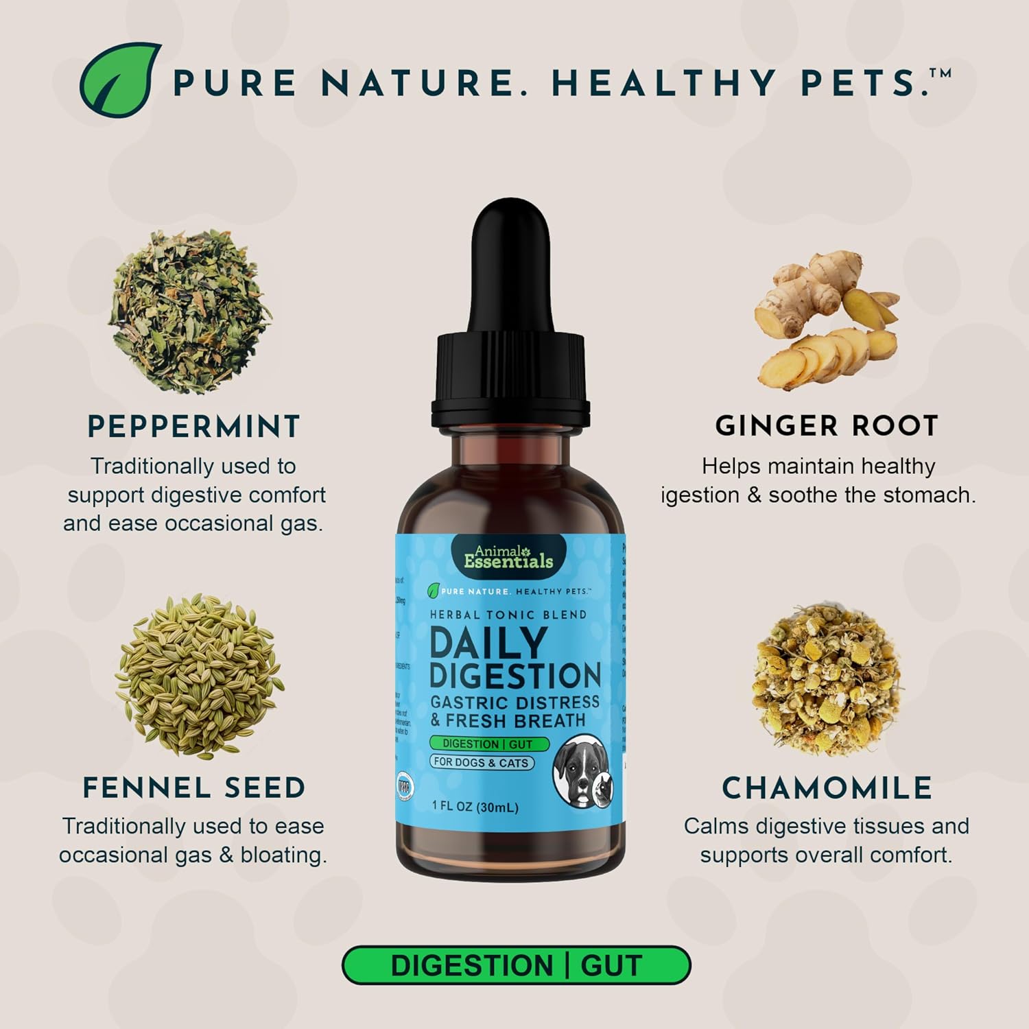 Animal Essentials Herbal Tonic Blend Daily Digestion Gastric Distress & Fresh Breath for Dogs & Cats - Dog Supplements