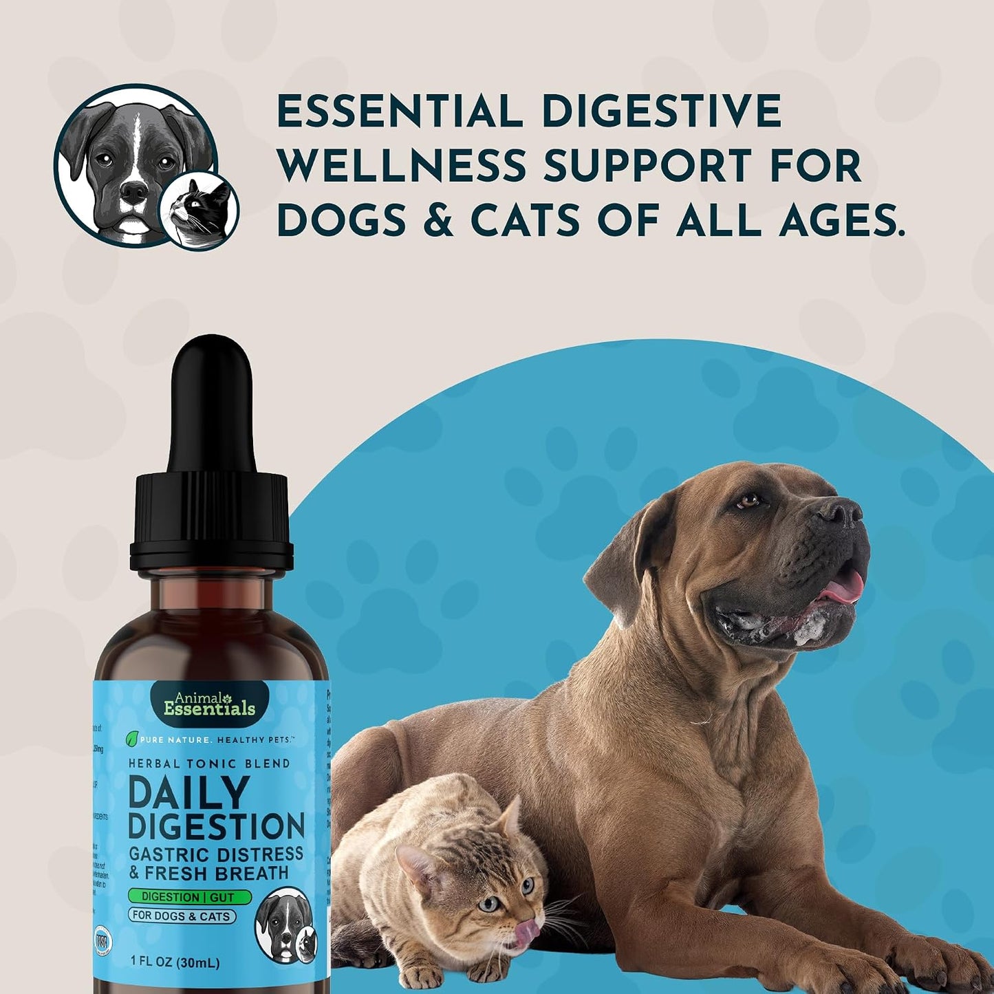 Animal Essentials Herbal Tonic Blend Daily Digestion Gastric Distress & Fresh Breath for Dogs & Cats - Dog Supplements
