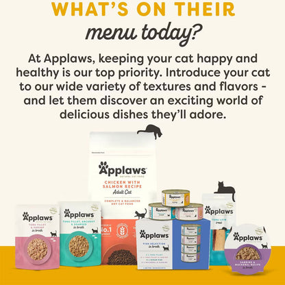 Applaws cat food products on a white background with text about keeping cats happy and healthy.