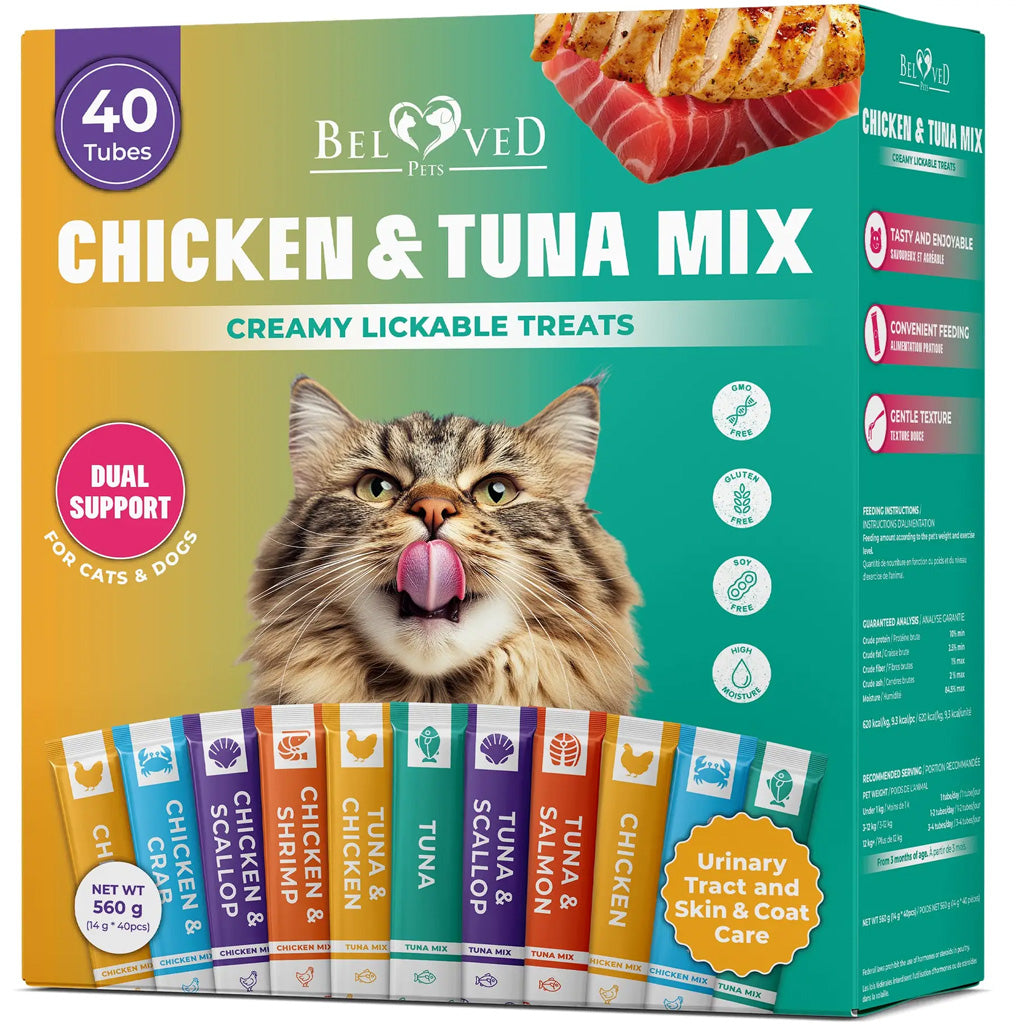 Beloved Pets Chicken & Tuna Mix Creamy Lickable Treats Dual Support for Cats & Dogs 40-count - Lickable Cat Treats 1