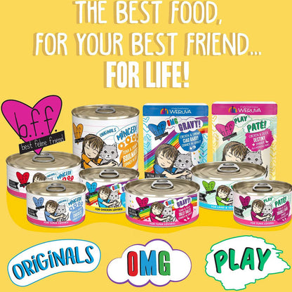 Collection of pet food cans and packaging with promotional text on a yellow background