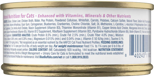 Blue Buffalo Natural Veterinary Diet W + U Weight Management + Urinary Care Chicken Wet Cat Food 5.5-oz case of 24