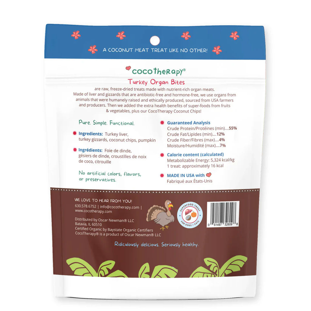 Back of a CoCoTherapy Turkey Organ Bites packaging with text and branding.