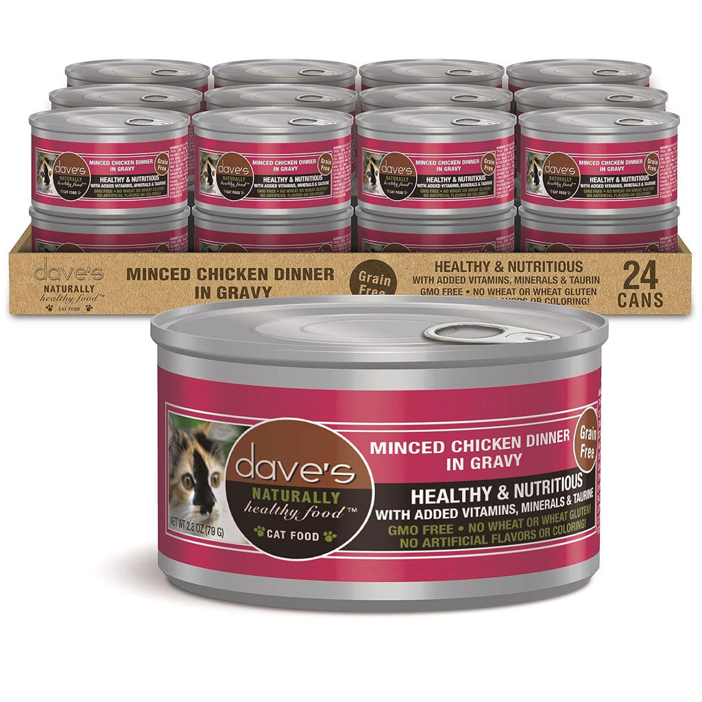 Dave's Pet Food Minced Chicken Dinner in Gravy Canned Wet Cat Food, 2.8-oz can, case of 24