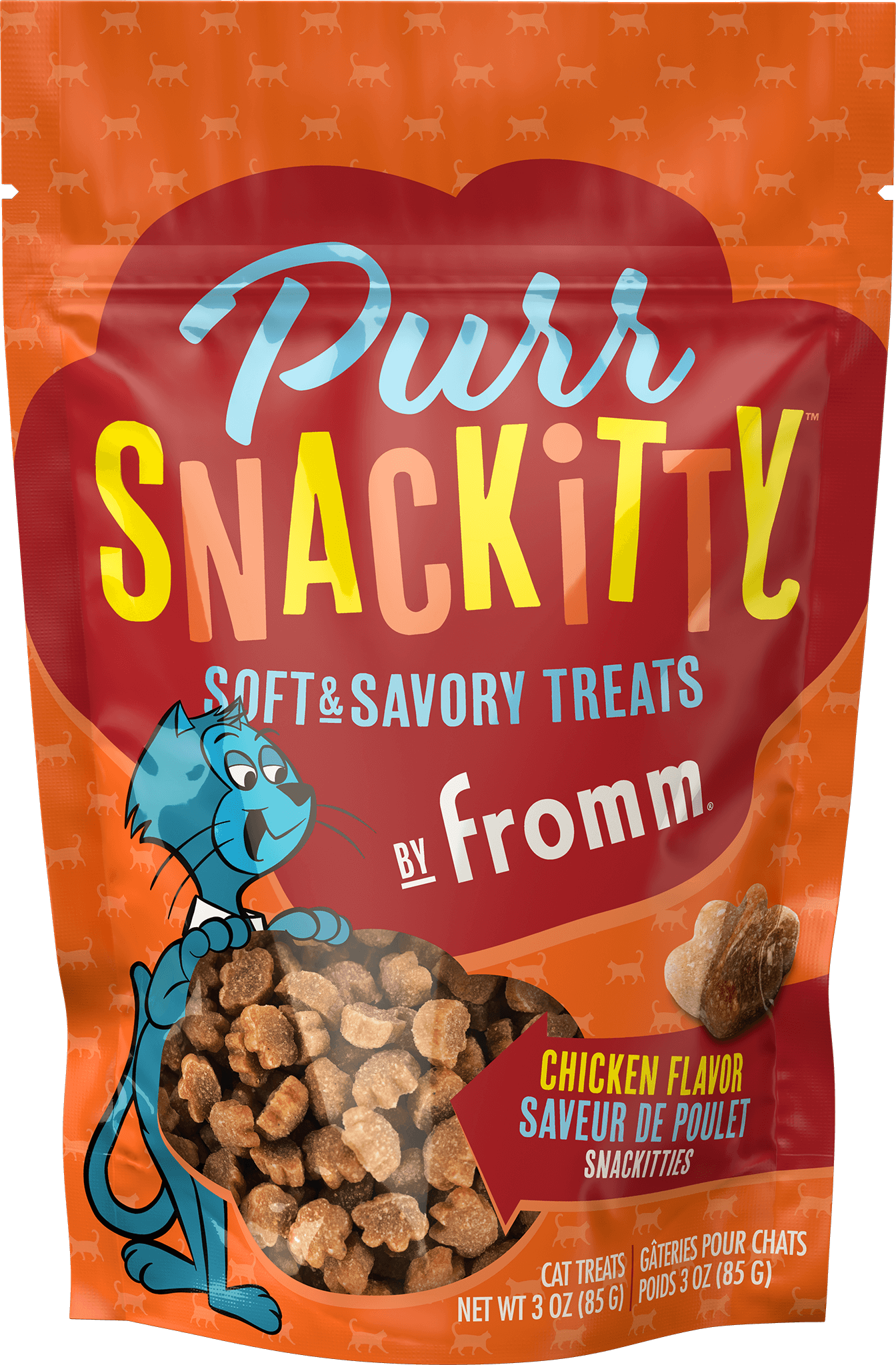 Packaging of Puri Snackitty soft and savory treats by Fromm with a cartoon cat character on an orange background.