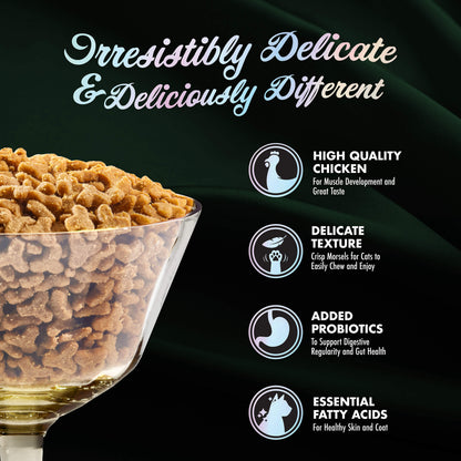 Dog food packaging with text highlighting features on a dark background
