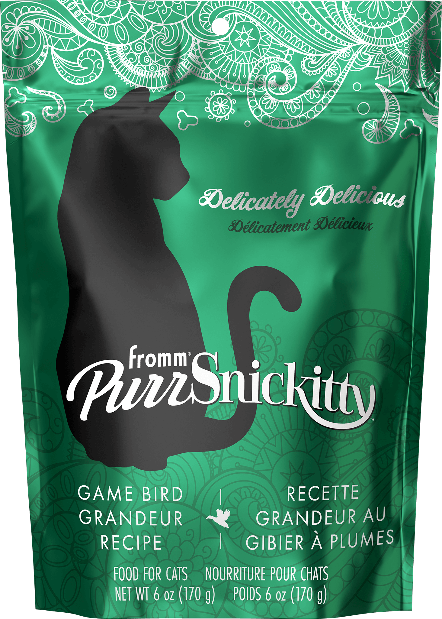 Green packaging of PurrSnickitty cat food with a black silhouette of a cat.