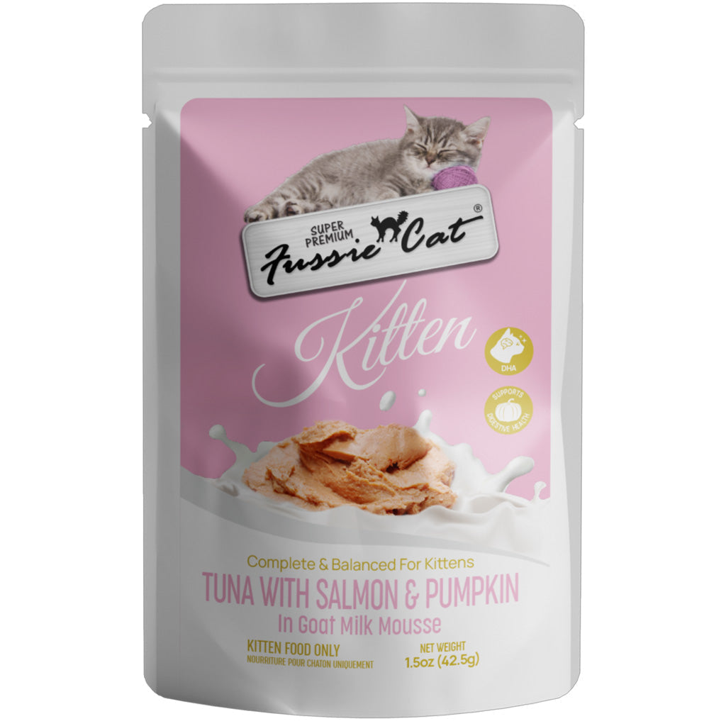 Fussie Cat Tuna with Salmon in Goat Milk Shreds Kitten Pouch 1.5-oz case of 12 - Cat Treats 1