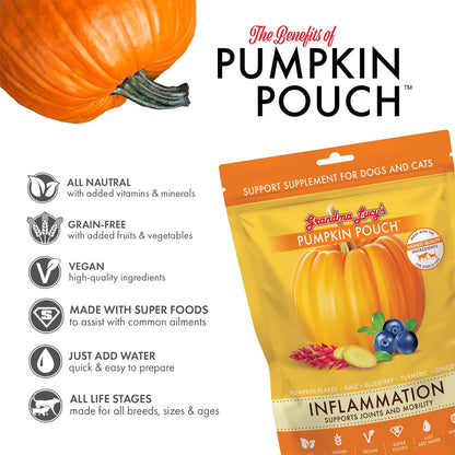 Pumpkin pouch supplement for dogs and cats with benefits listed on a white background