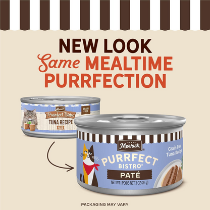 Merrick Purrfect Bistro Grain Free Premium Soft Canned Pate Adult Wet Cat Food High Protein Tuna Recipe - 3-oz, case