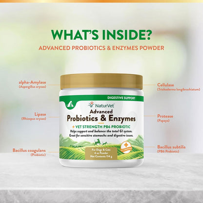 NaturVet Advanced Probiotic & Enzymes Powder with Vet Strength PB6 Probiotic for Dogs & Cats