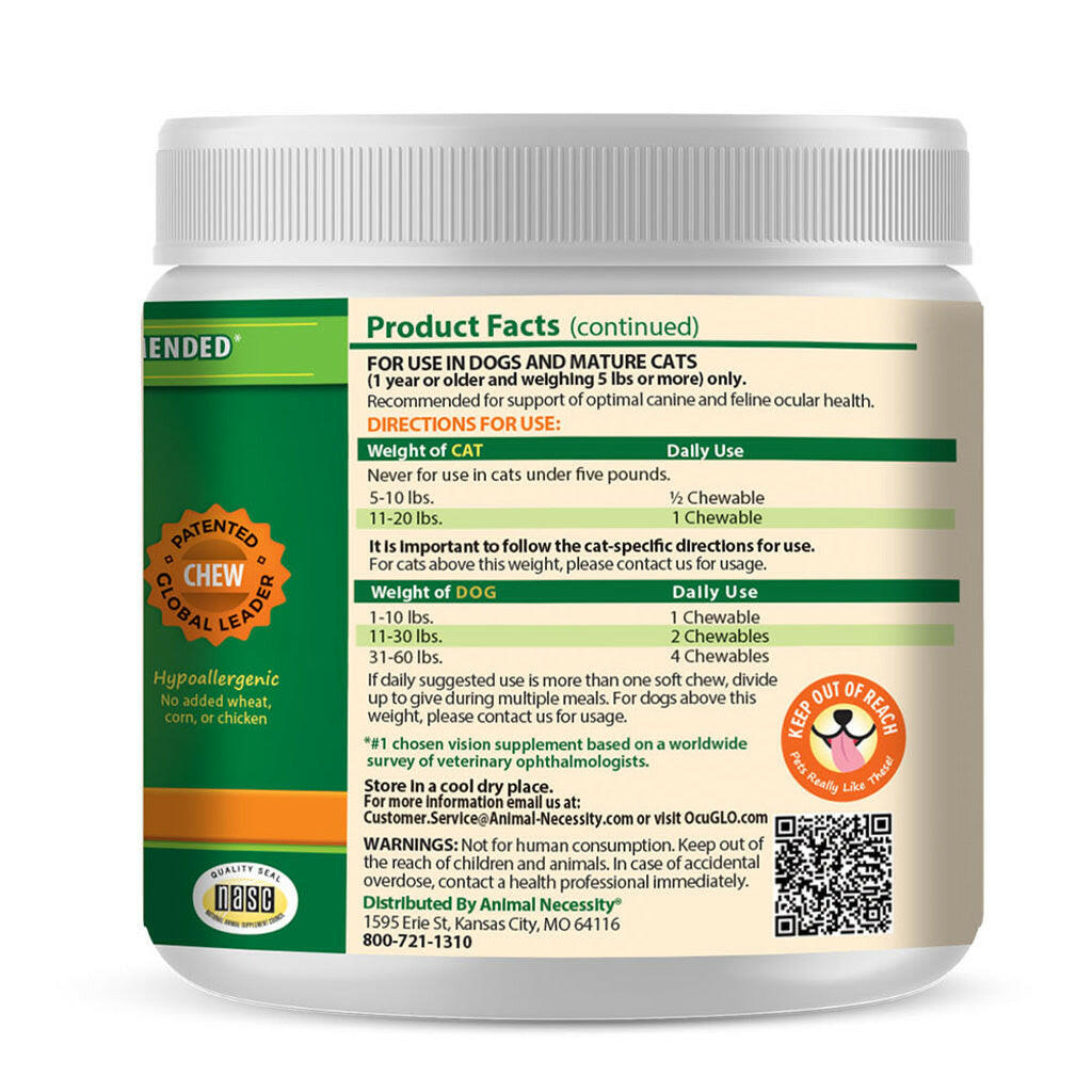 Directions to use for Cats and Dogs of Ocu-GLO Vision Support Supplement for Dogs and Mature Cats