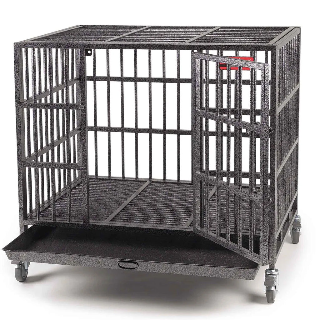 Black metal pet cage on wheels with a white background