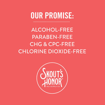 Skout's Honor product with promise of being alcohol-free, paraben-free, CHG & CPC-free, and chlorine dioxide-free on a pink background.