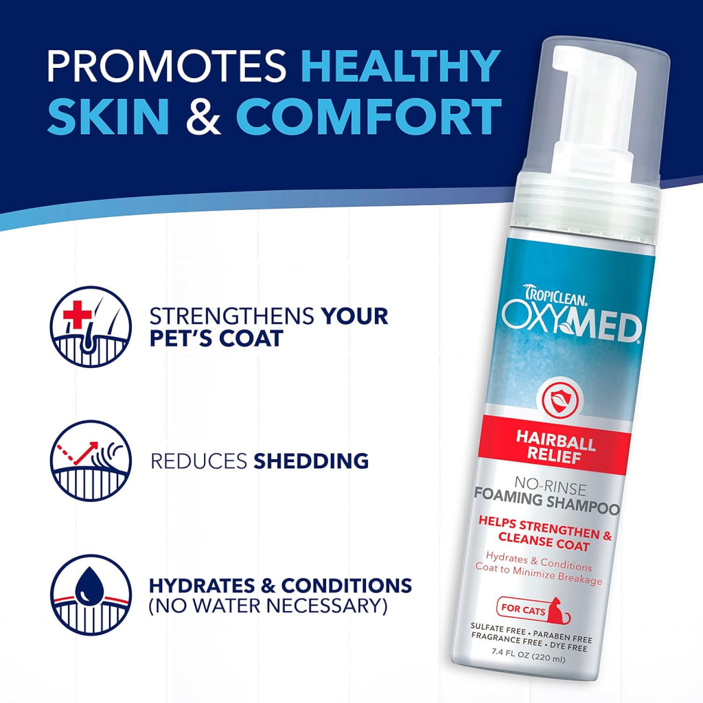 TropiClean OxyMed Hairball Relief No-Rinse Foaming Shampoo for Cats (7.4 oz)
