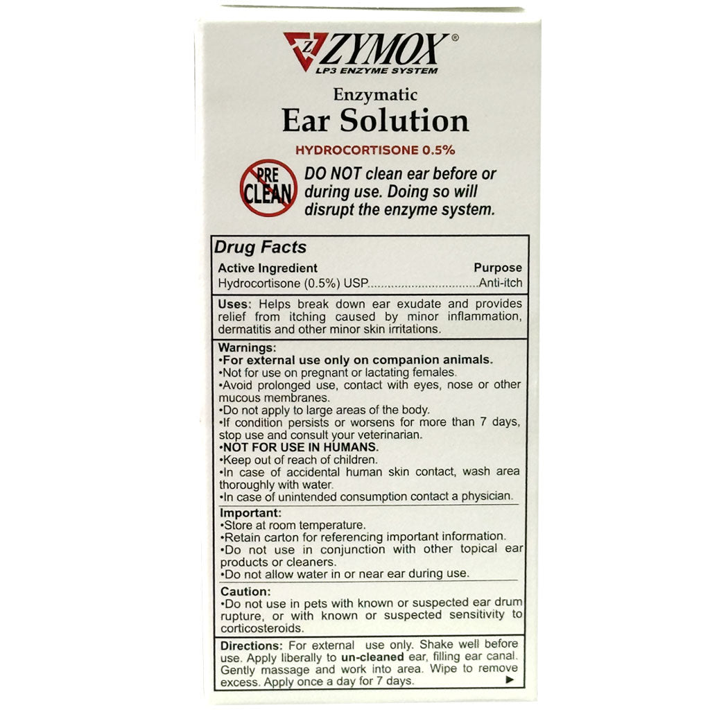 Back Label of Zymox Enzymatic Ear Hydrocortisone Drops for Dogs & Cats